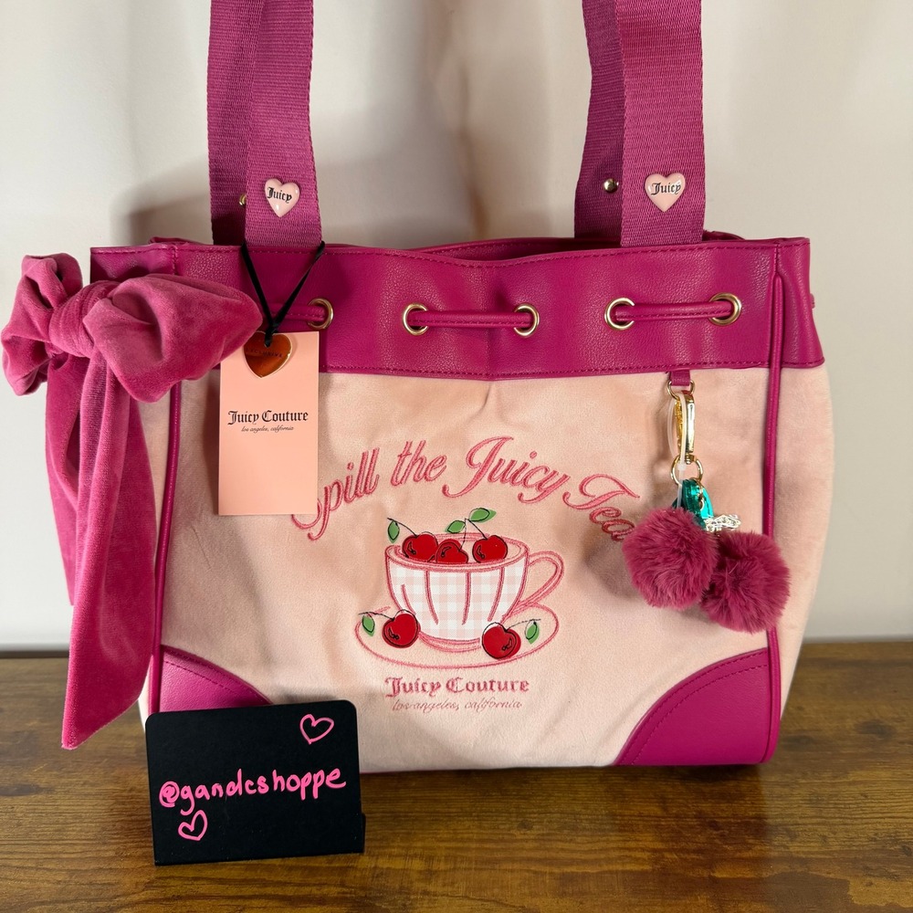 New Juicy Couture Sweet Spill The Tea Party Raspberry Pink Daydreamer Tote Bag